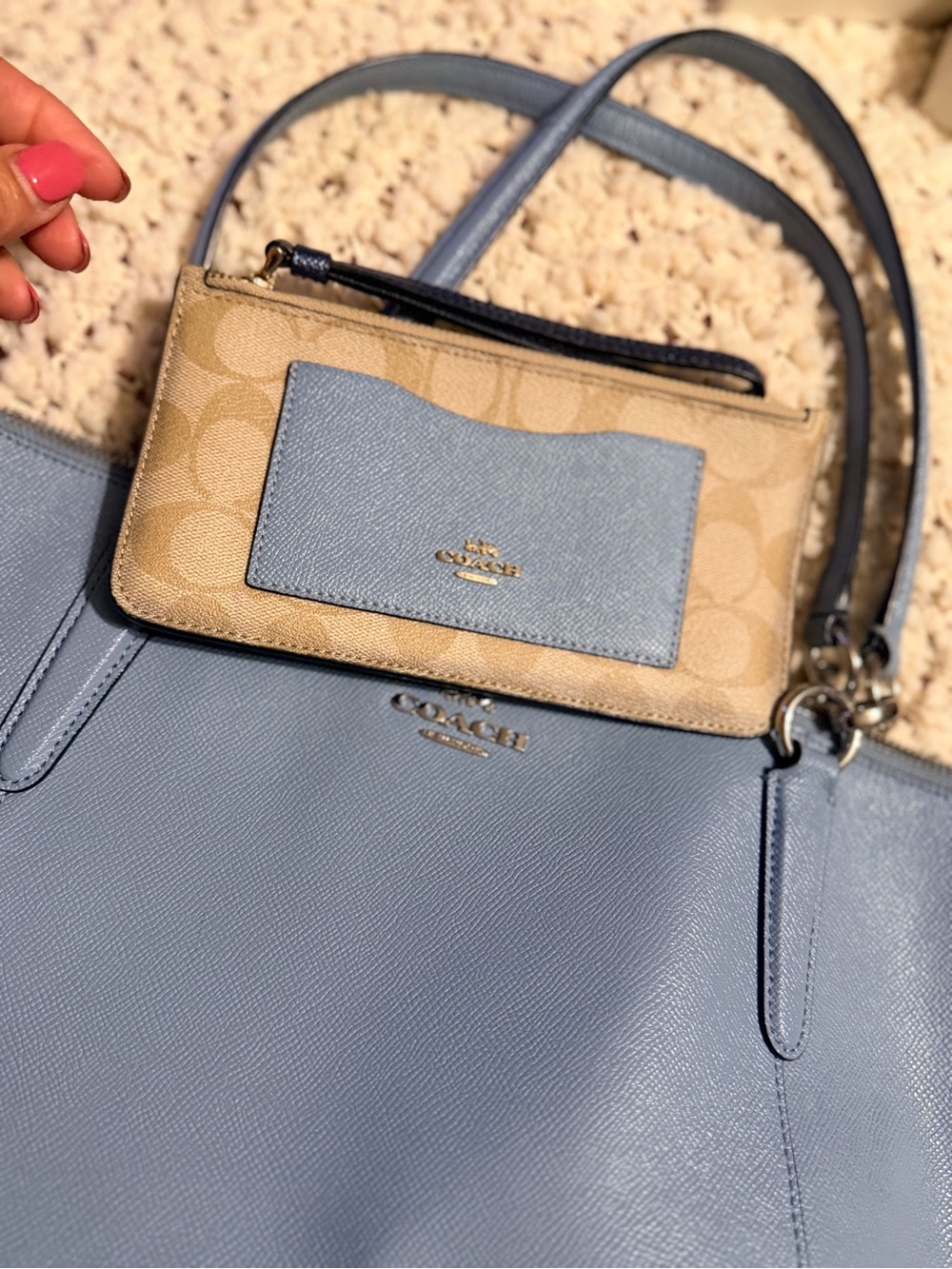 Coach Light Blue Leather Tote with Signature wristlet wallet